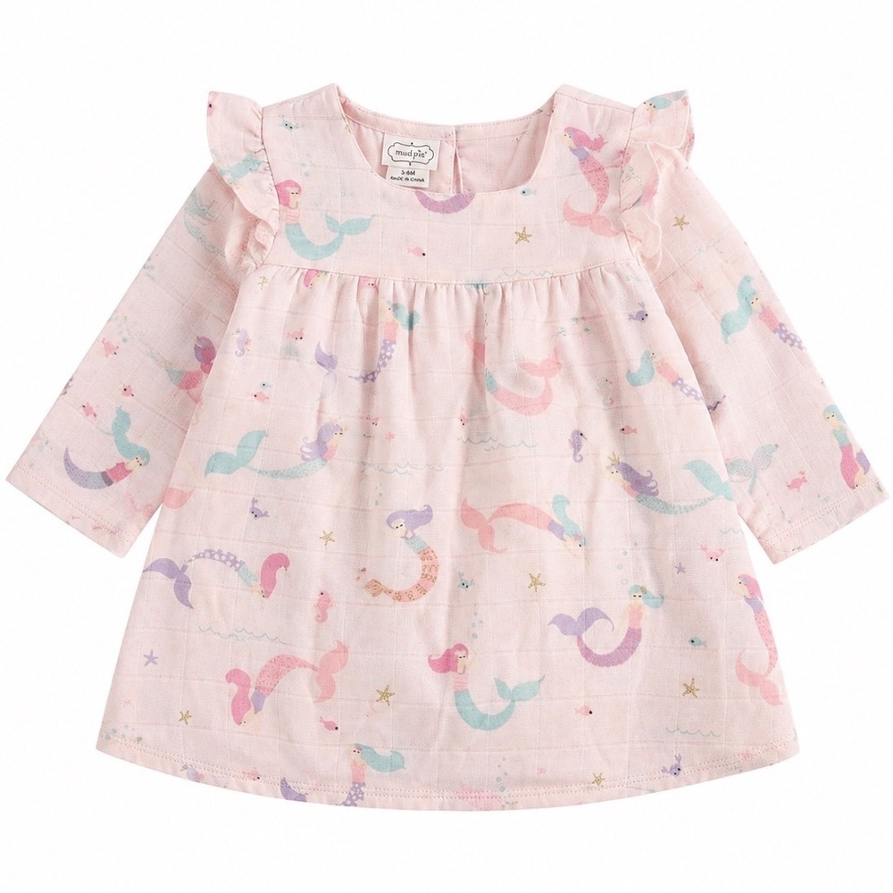Mud Pie Baby Girl Mermaid Muslin Dress 3-6M Pink Cotton Gauze Ruffle Long Sleeve
